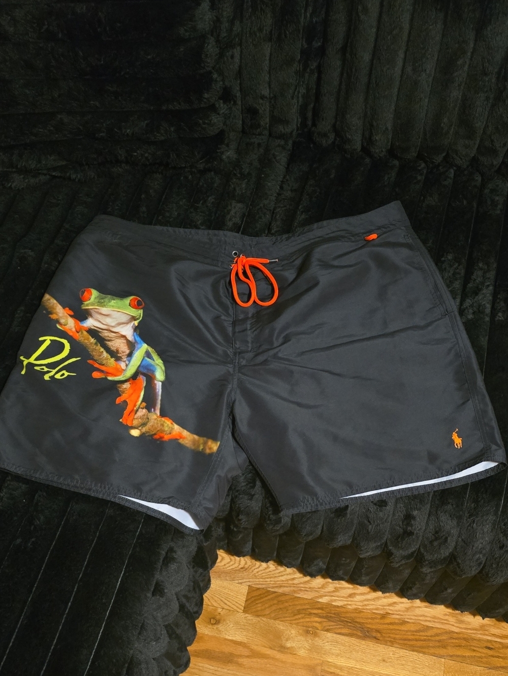 Polo by Ralph Lauren Black Swim Trunks with Colorful Frog Artwork
